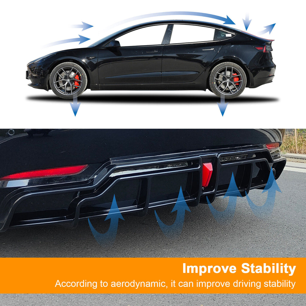 BRAND NEW 2017-2023 Tesla Model 3 Rear Bumper ABS Diffuser Lip Kit W/ LED Flashing Light Painted Black