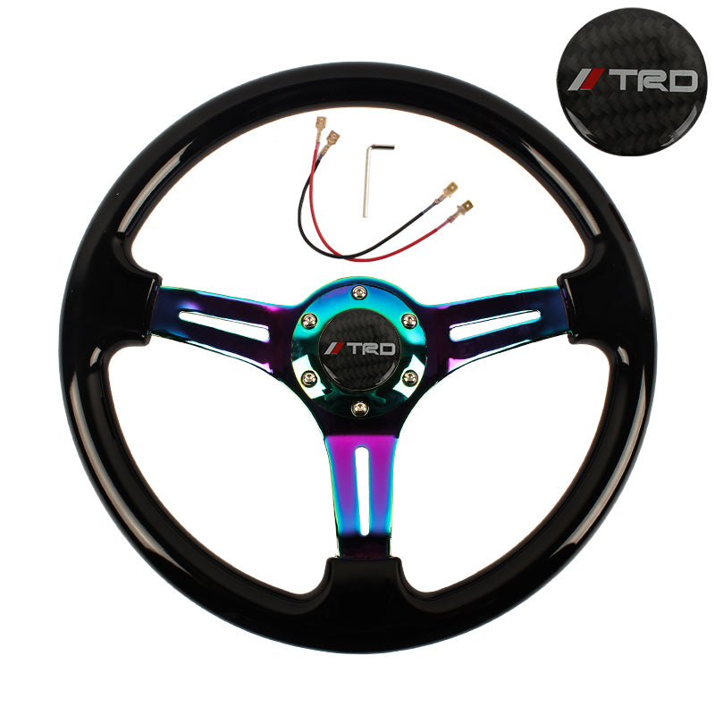 Brand New 350mm 14" Universal JDM TRD Deep Dish ABS Racing Steering Wheel Black With Neo-Chrome Spoke