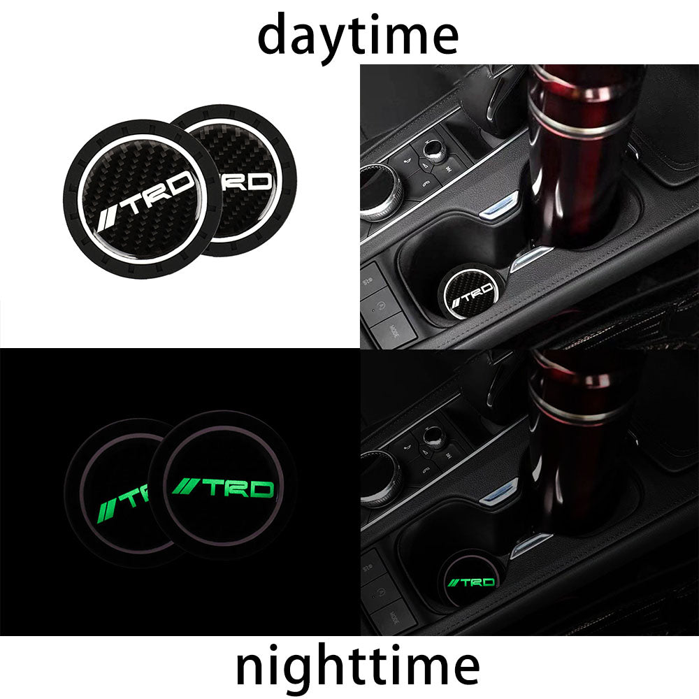 Brand New 2PCS TRD Glows In The Dark Green Real Carbon Fiber Car Cup Holder Pad Water Cup Slot Non-Slip Mat Universal