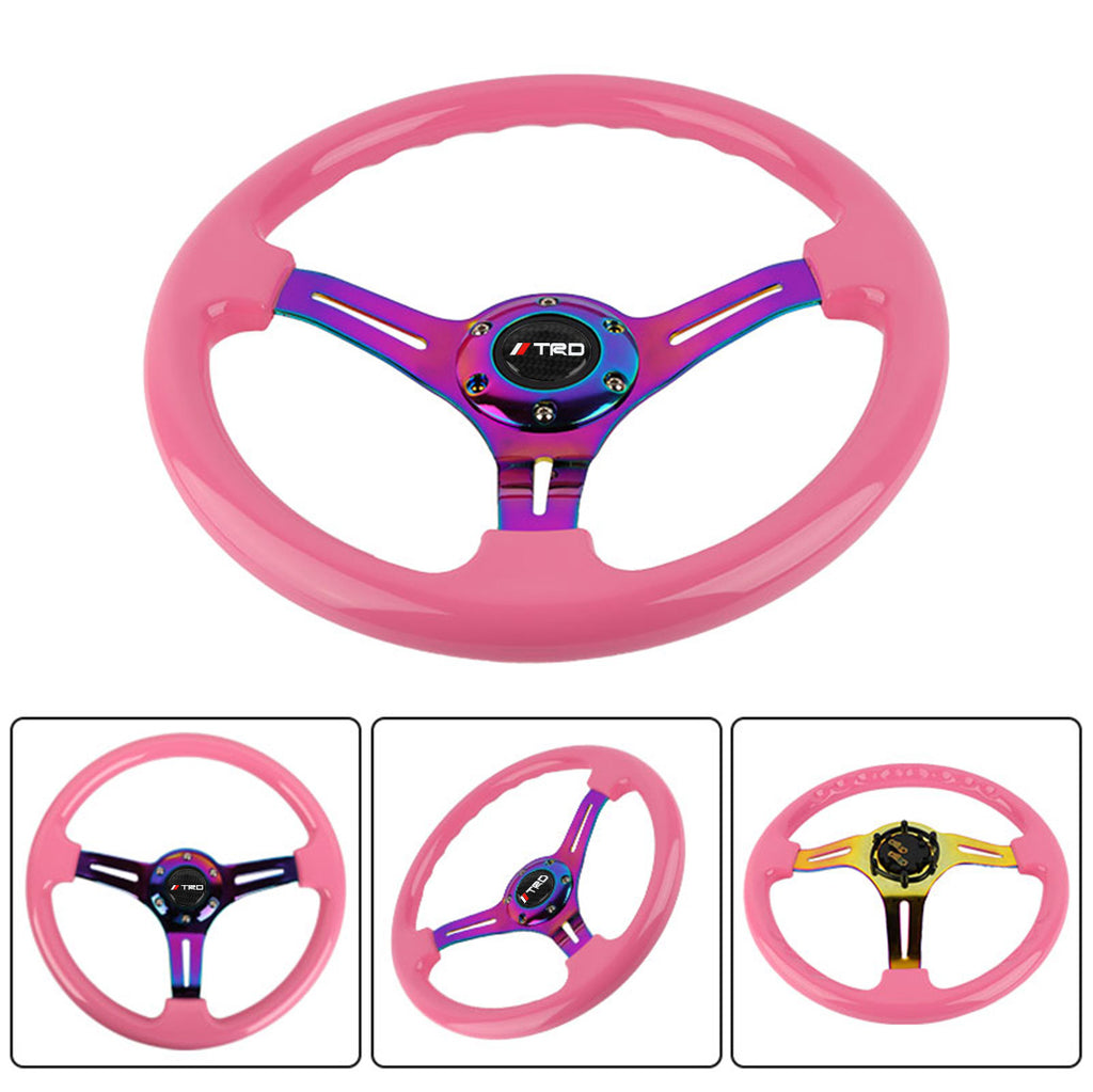 Brand New 350mm 14" Universal JDM TRD Deep Dish ABS Racing Steering Wheel Pink With Neo-Chrome Spoke